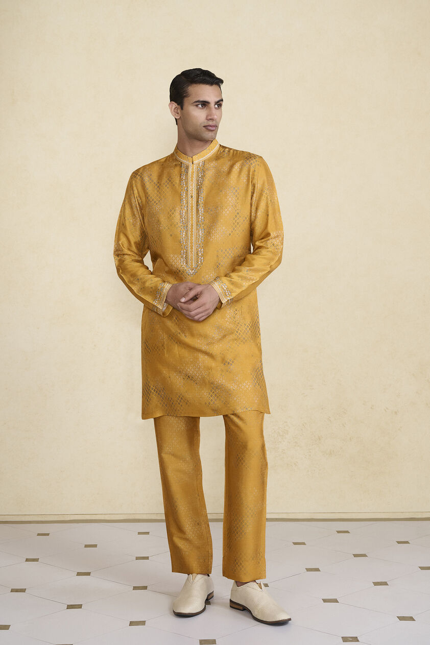 Zarghun Printed Silk Kurta - Mustard, Mustard, image 1